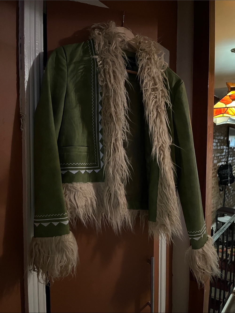 Urban Outfitters Olive Green Faux Suede Jacket with Cream Faux Fur Trim